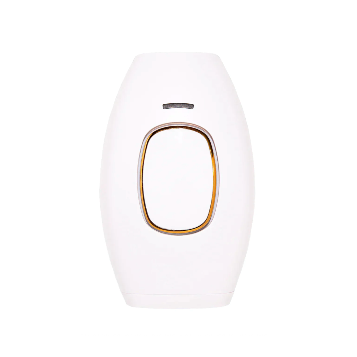 White electronic device with a gold circular component on a white background